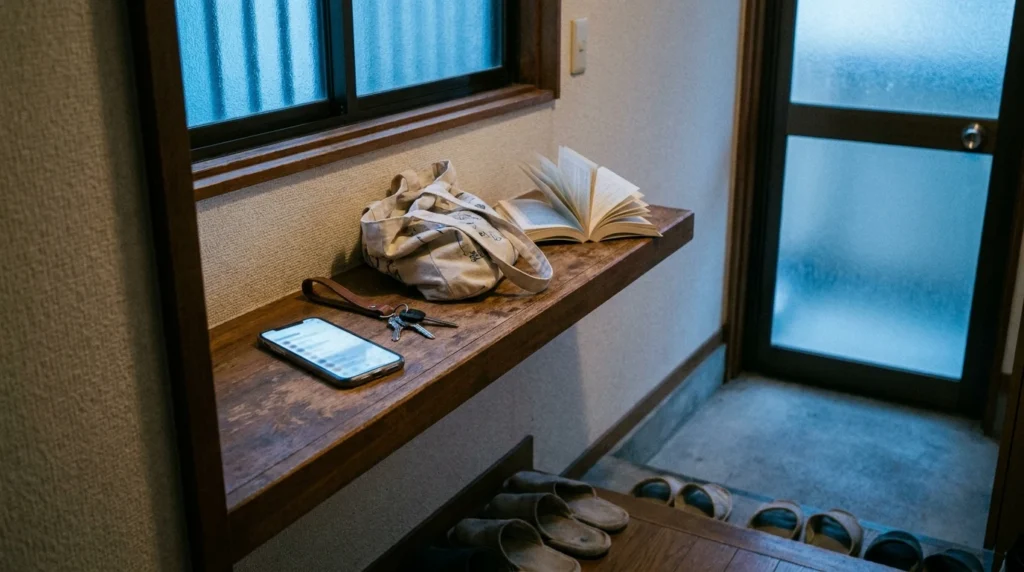 夕方の玄関で通知設定を開いたスマホと本が置かれている様子