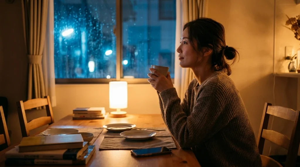 夕食後にスマホを伏せて置き、窓の外を見る日本人女性