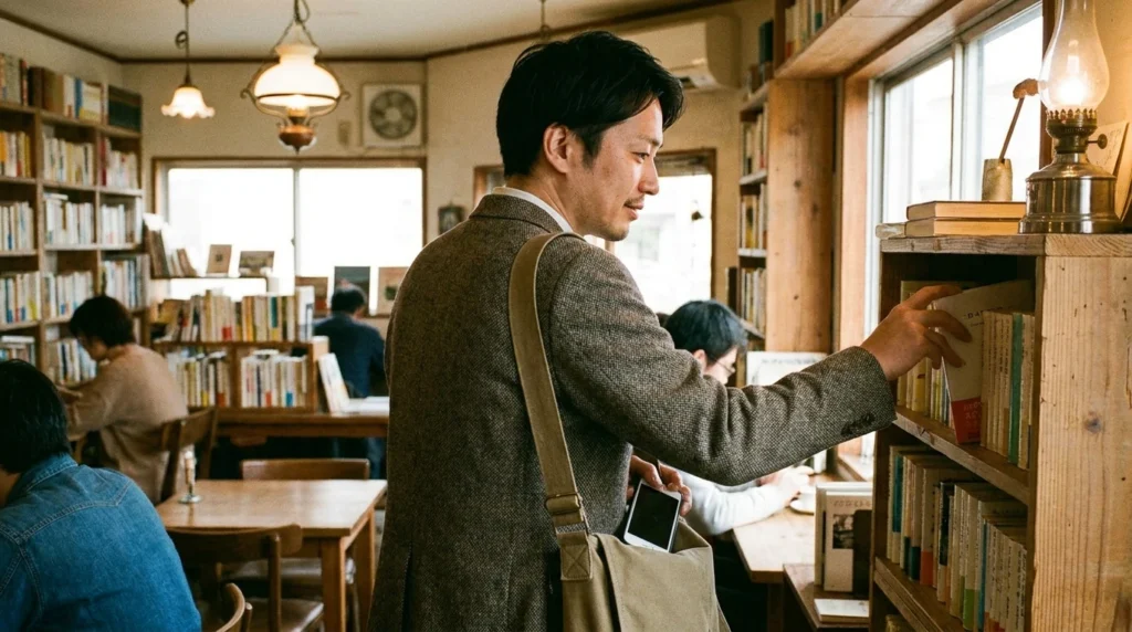 書店でスマホをバッグにしまい文庫本を選ぶ日本人男性