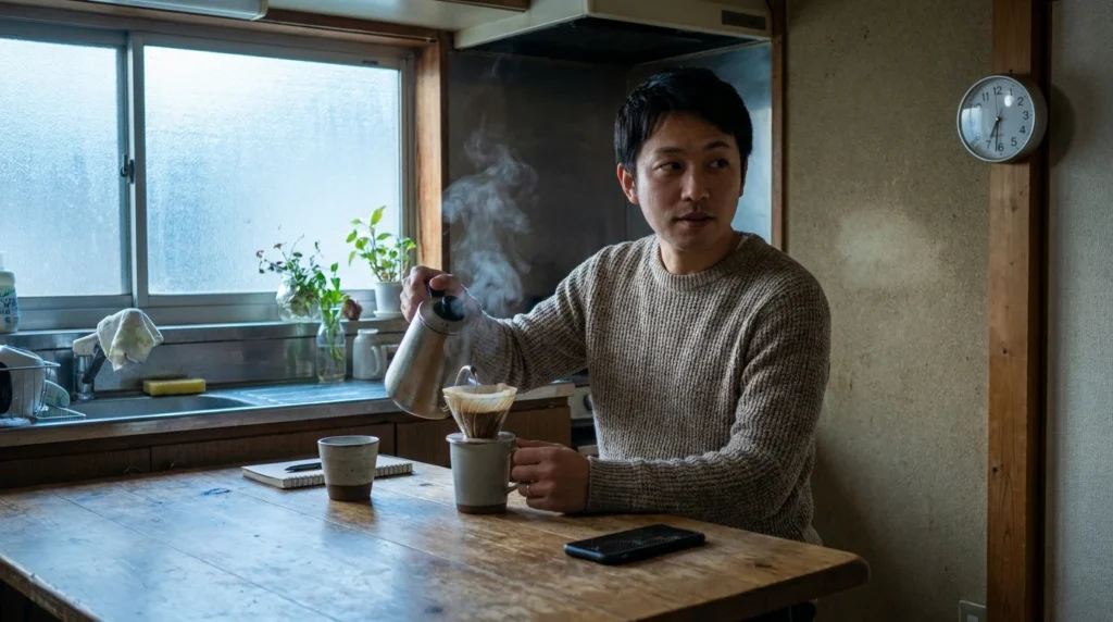 朝のキッチンで通知が気になるスマートフォンを見る日本人男性