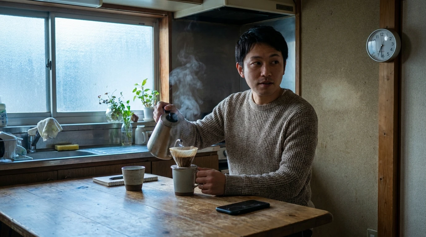 朝のキッチンで通知が気になるスマートフォンを見る日本人男性