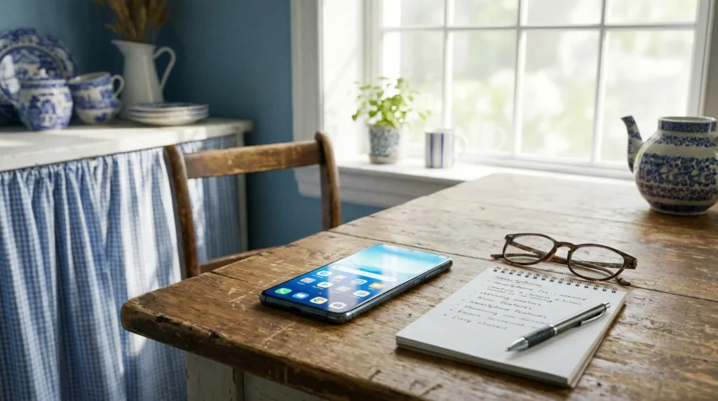 スマホと手書きメモ帳を置いて使い方を覚える準備をした机