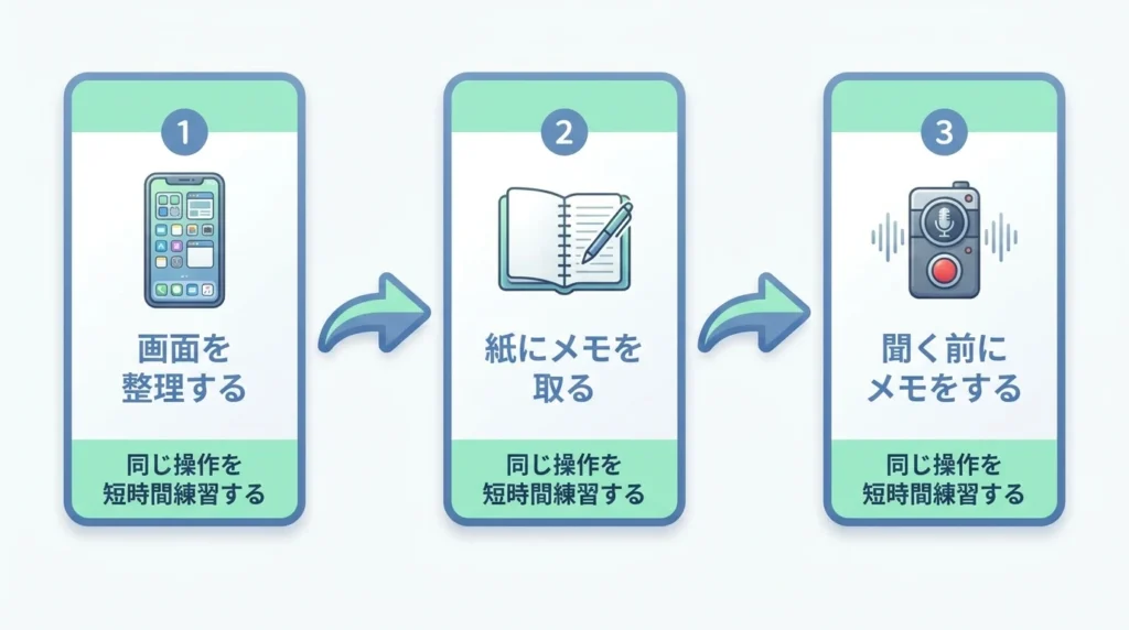 スマホ操作を画面整理紙メモ聞く前の記録に分けた3ステップ図解
