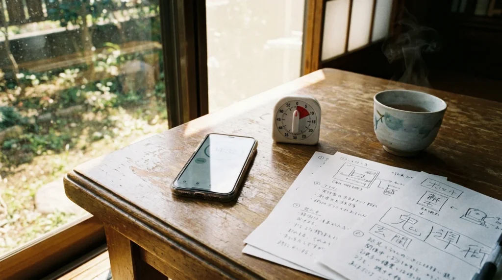 スマホとタイマーと練習メモで短時間の操作練習をする机