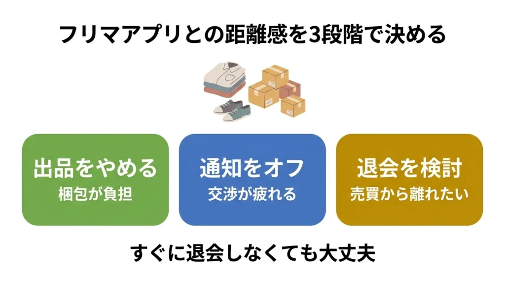 フリマアプリで出品を止める、通知をオフにする、退会を検討する3段階の図解