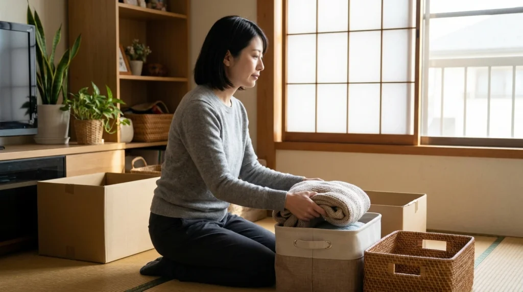 衣類を収納箱へ畳んで入れる日本人女性