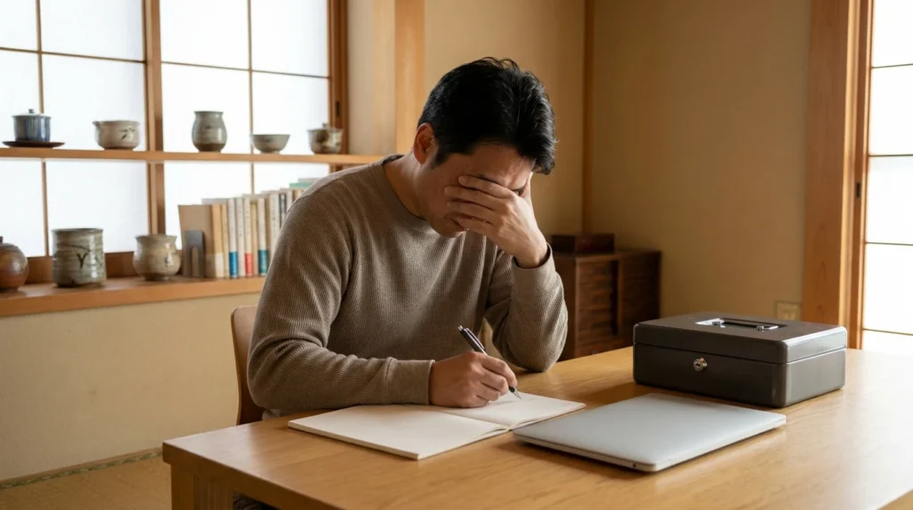 ノートに確認項目を書きアカウント情報を整理する日本人男性