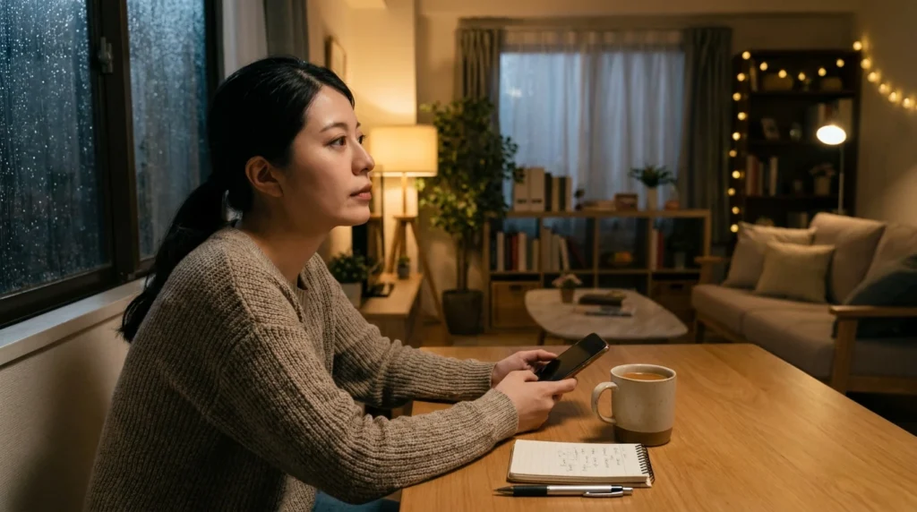 マッチングアプリのメッセージをやめたい女性がスマホを伏せて考えている様子