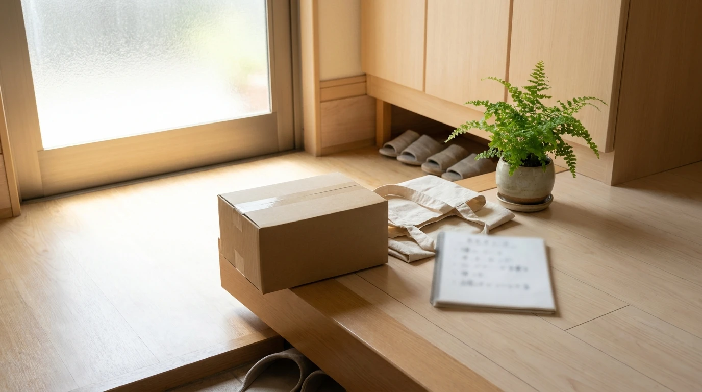 未開封の小包とエコバッグと買い物メモがある明るい玄関