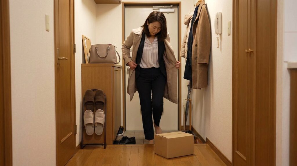 帰宅後の玄関で宅配便の受け取り方を考える日本人女性