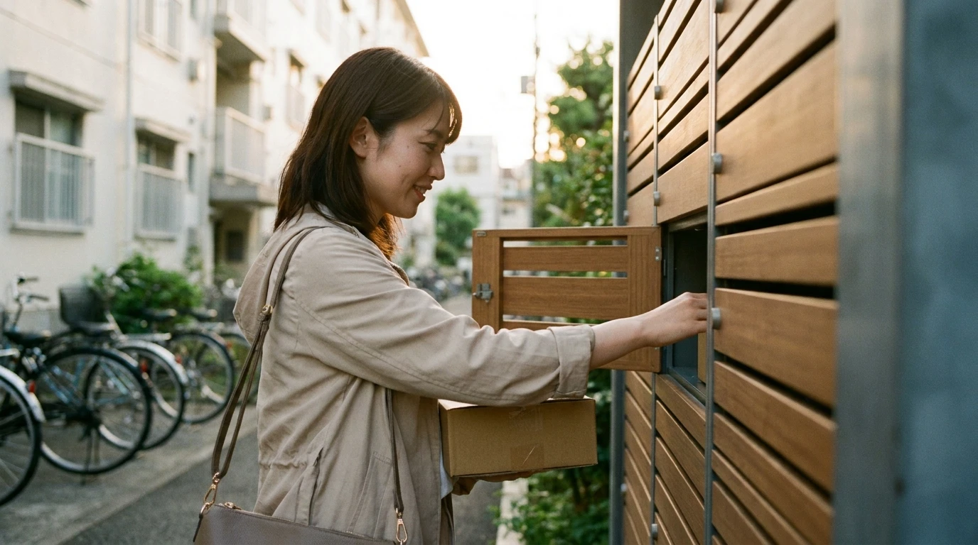 仕事帰りに集合住宅の宅配ボックスから荷物を受け取る日本人女性