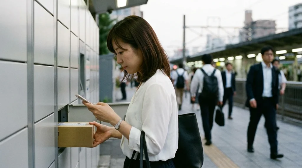 帰宅途中の宅配ロッカーで荷物を受け取る日本人女性