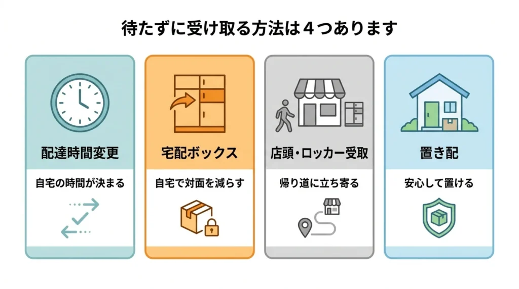 日時変更宅配ボックス店頭ロッカー置き配の4つの受取方法を比べた図解