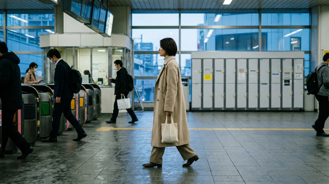 駅構内を歩きながら宅配便の受け取り方を考える日本人女性