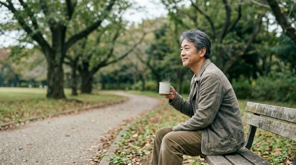 公園のベンチで休息を取りながら考える日本人の50代男性