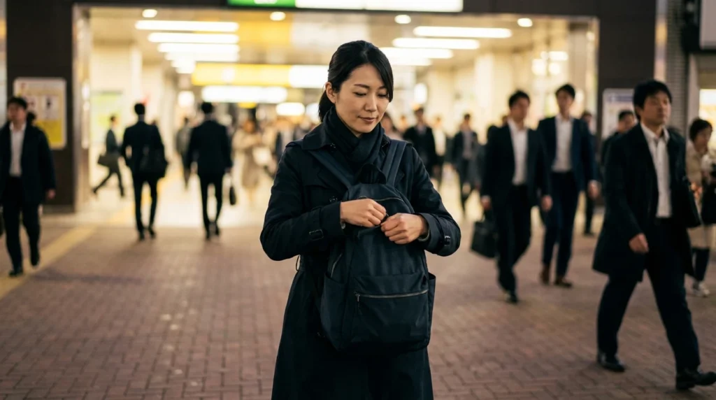 仕事帰りに駅の改札を出て帰宅へ向かう日本人女性