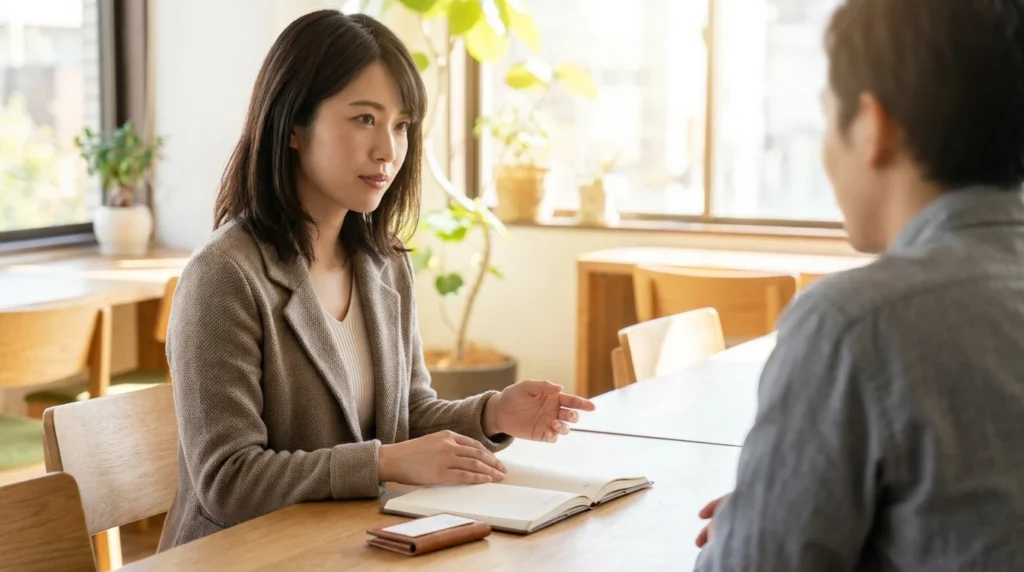 職場で同僚と名前の使い分けについて落ち着いて話す日本人女性
