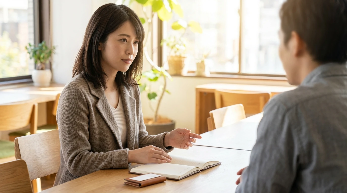 職場で同僚と名前の使い分けについて落ち着いて話す日本人女性