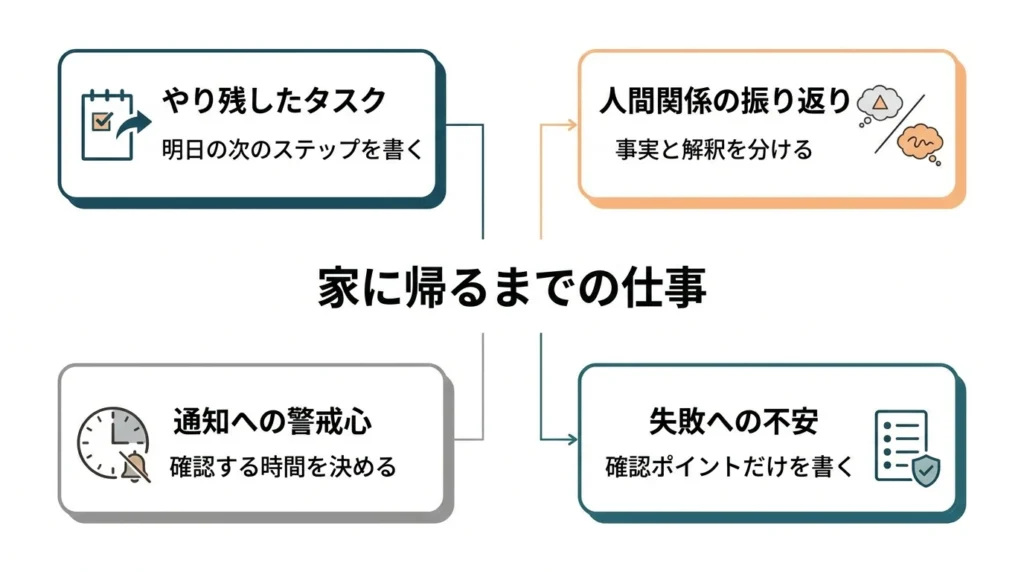 仕事を家に持ち帰る原因を未完了作業、人間関係、通知、不安に分けた図解
