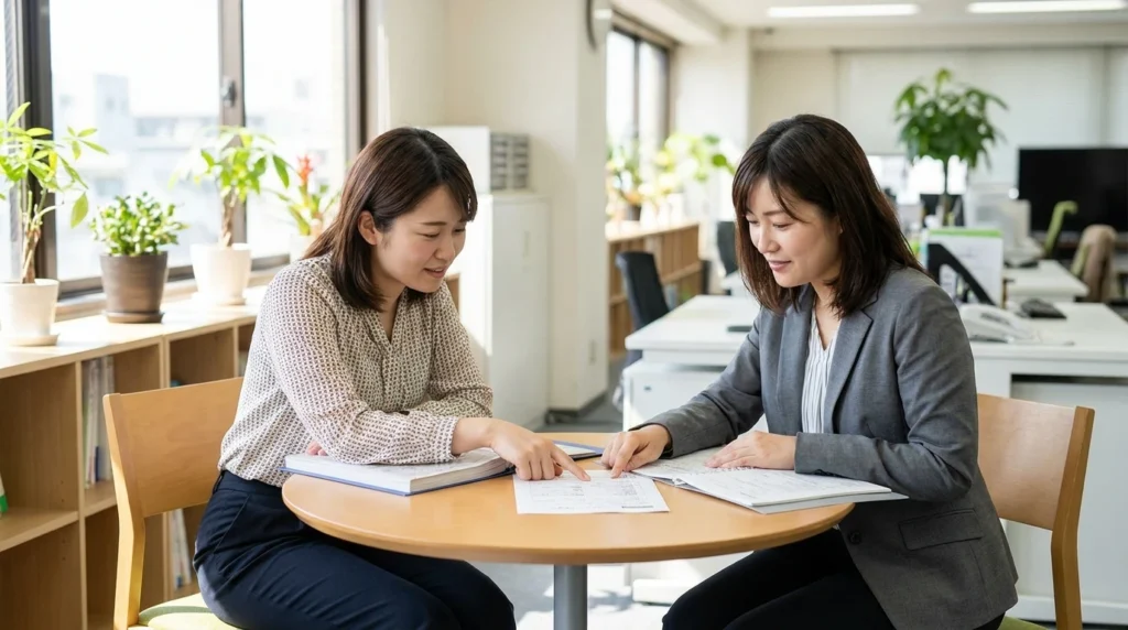 職場で氏名表記について人事担当者と確認する日本人女性