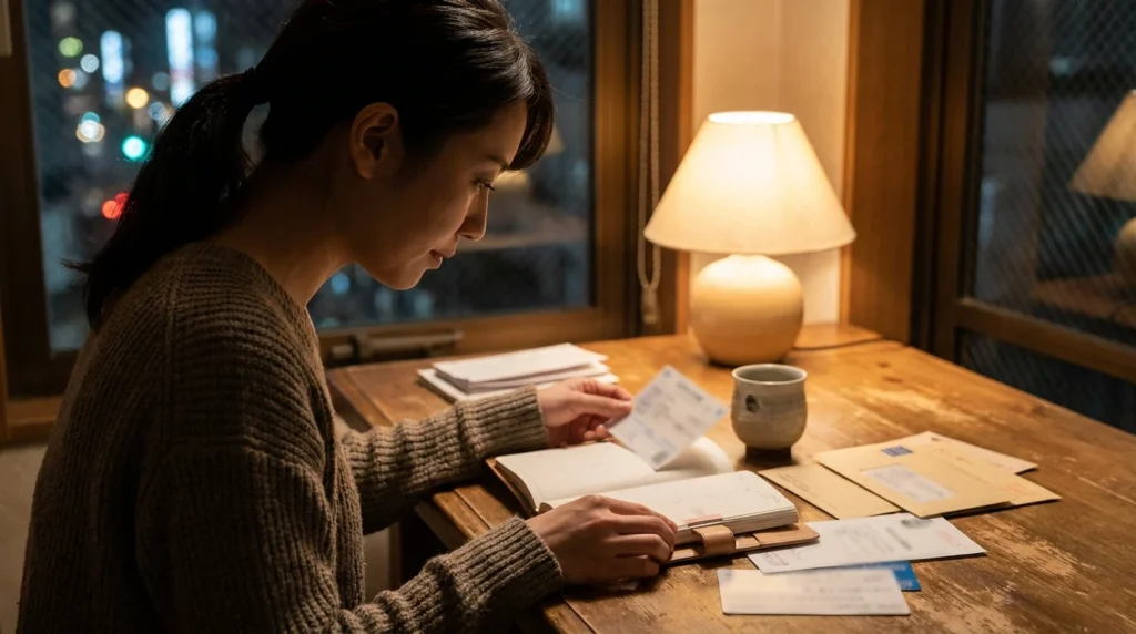 自宅で本人確認書類と予定を落ち着いて確認する日本人女性