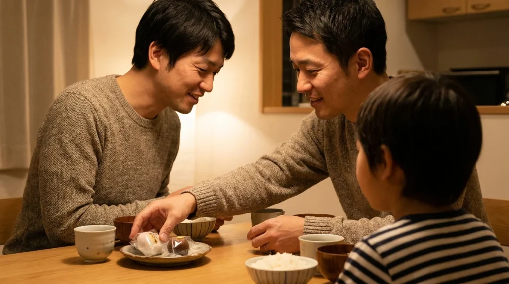 お菓子を皿に出して子どもと話す日本人の父親
