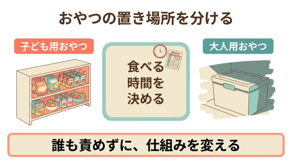 子ども用と大人用のおやつの置き場所を分ける図解
