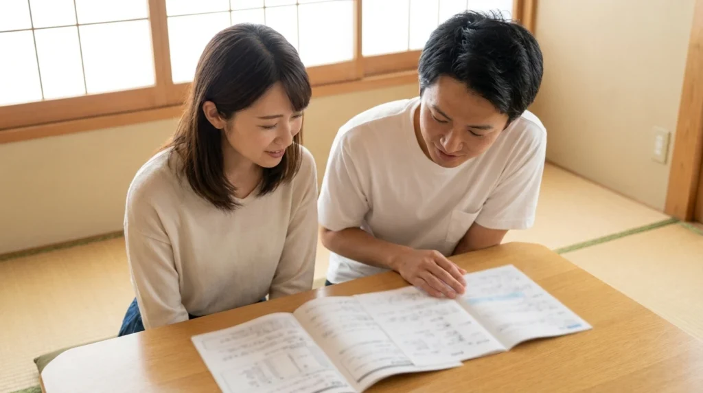 健康診断の結果を自宅で一緒に確認する日本人の夫婦