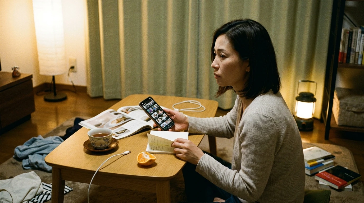夜のリビングでスマホ内の動画を整理しようと考える30代の日本人女性。