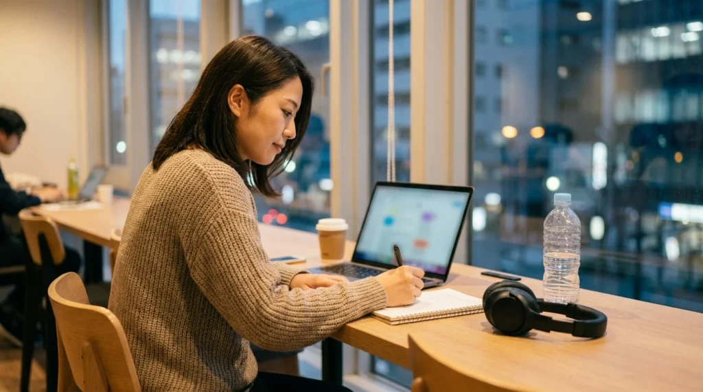 動画を編集する予定を確認しながらノートパソコンに向かう日本人女性