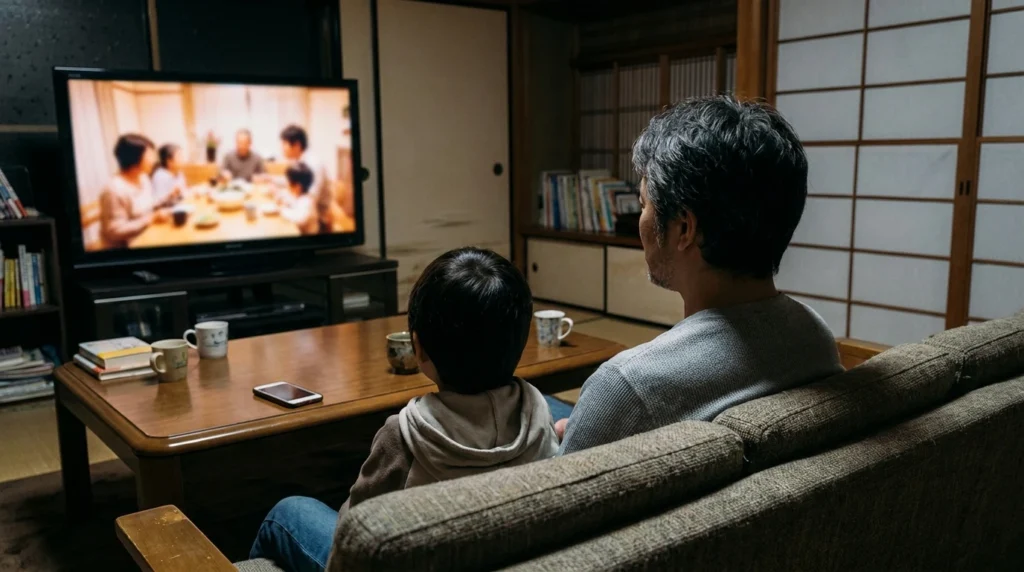 家のリビングでホームビデオを見返す日本人の親子