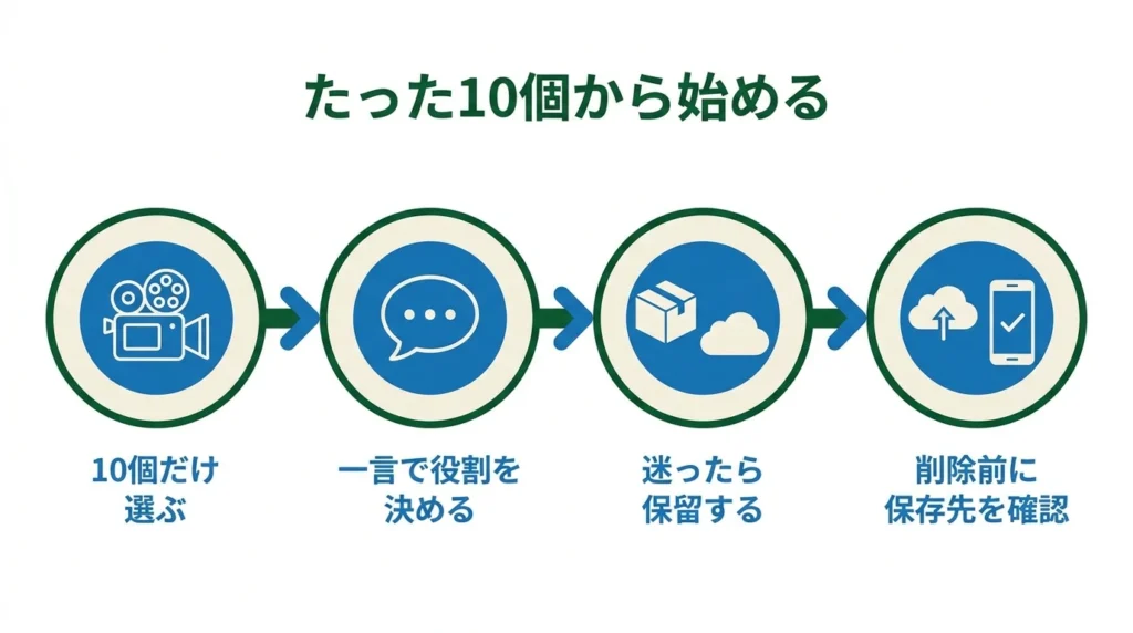 動画10本を用途で分けてから保存先を確認する四段階の図解
