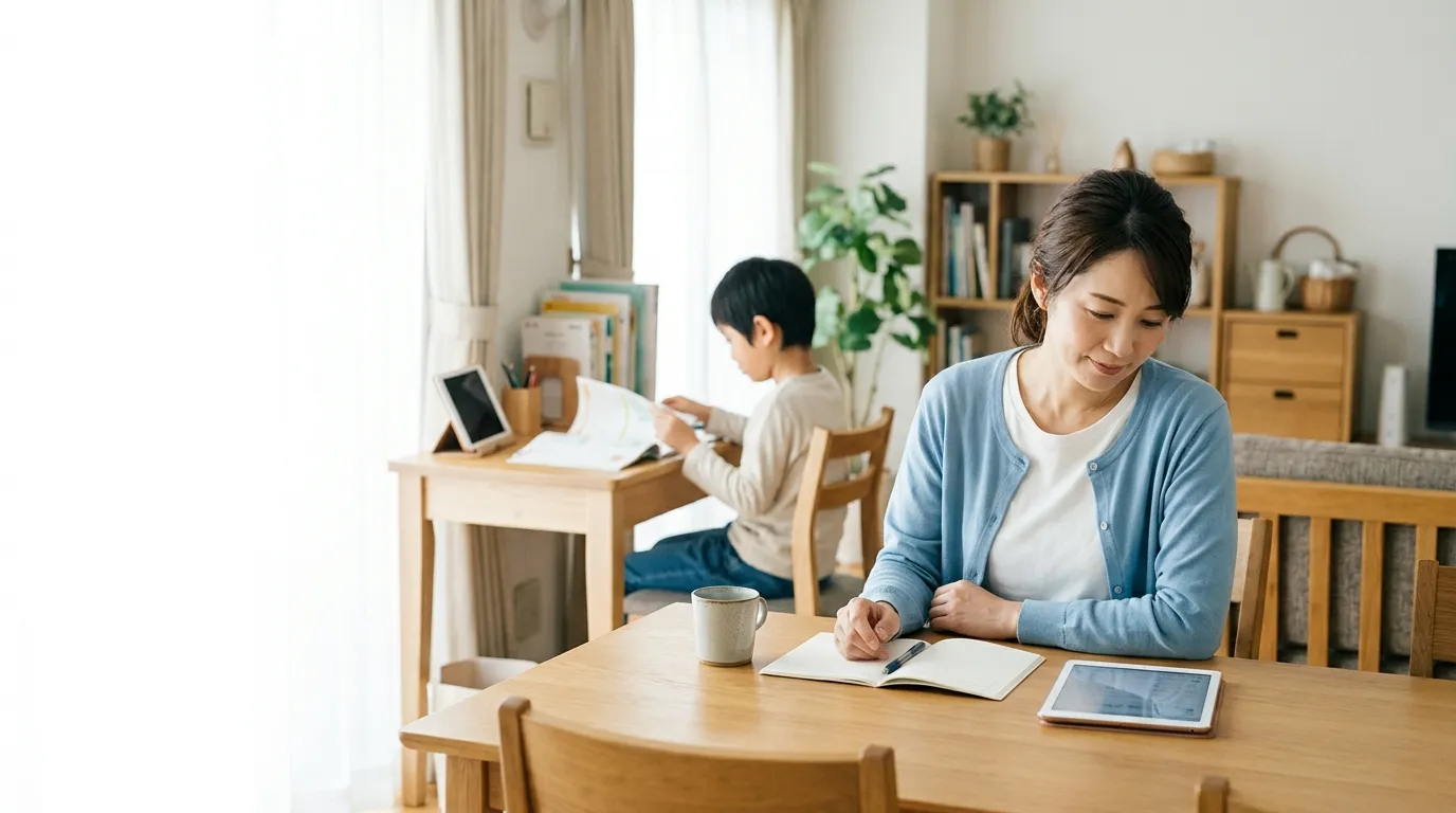 英語教材や予定を前に、子どもの学習管理を考える保護者