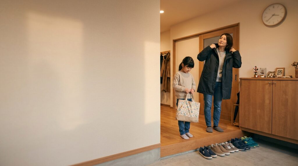 英語教室への送迎で夕方の予定を確認する親子