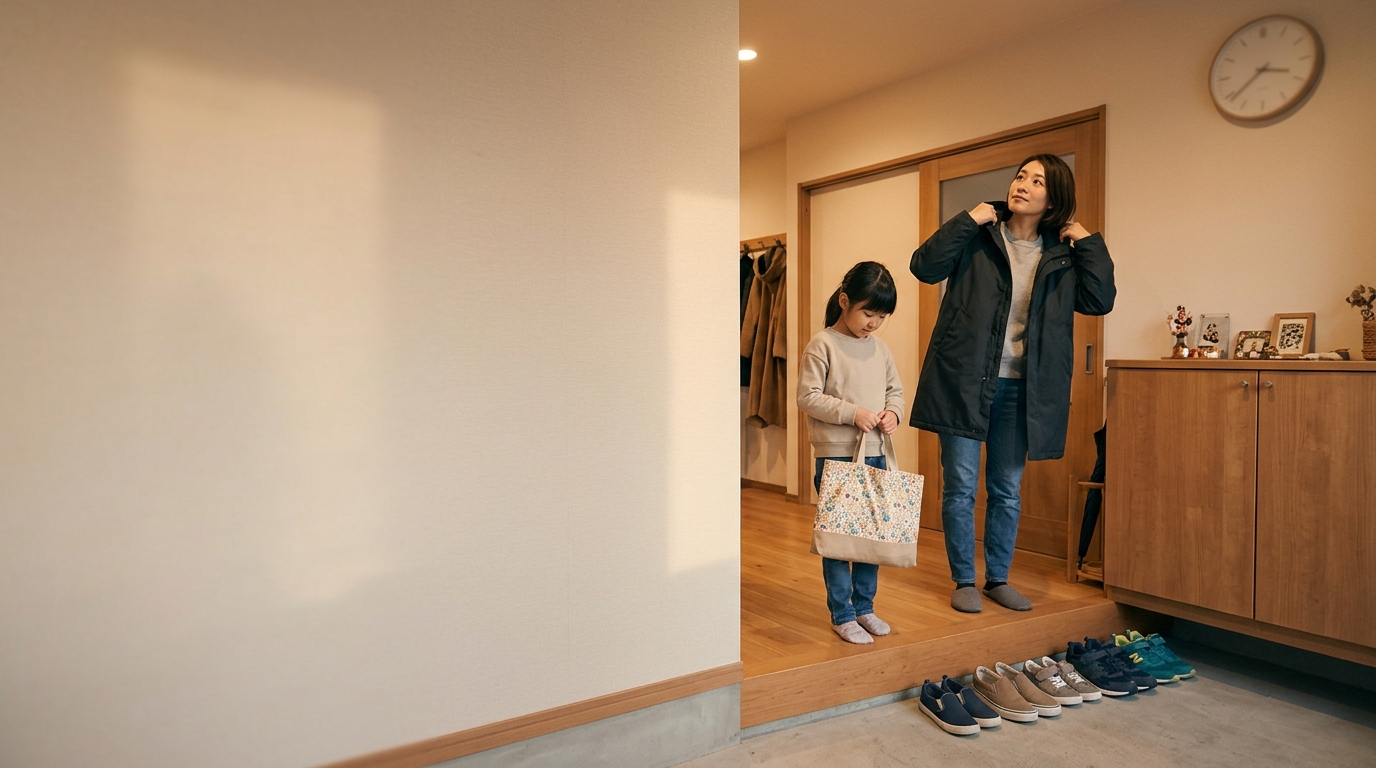 英語教室への送迎で夕方の予定を確認する親子