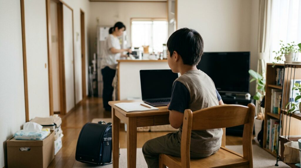 小学生が自宅の机で声を出してオンライン学習するイメージ