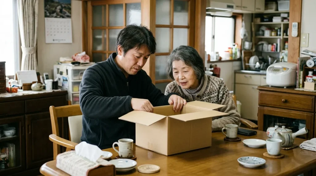 届いた食品の箱を子どもが食卓で開封するイメージ