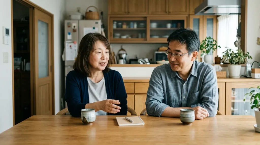 年末の料理の分担をテーブルで相談する夫婦