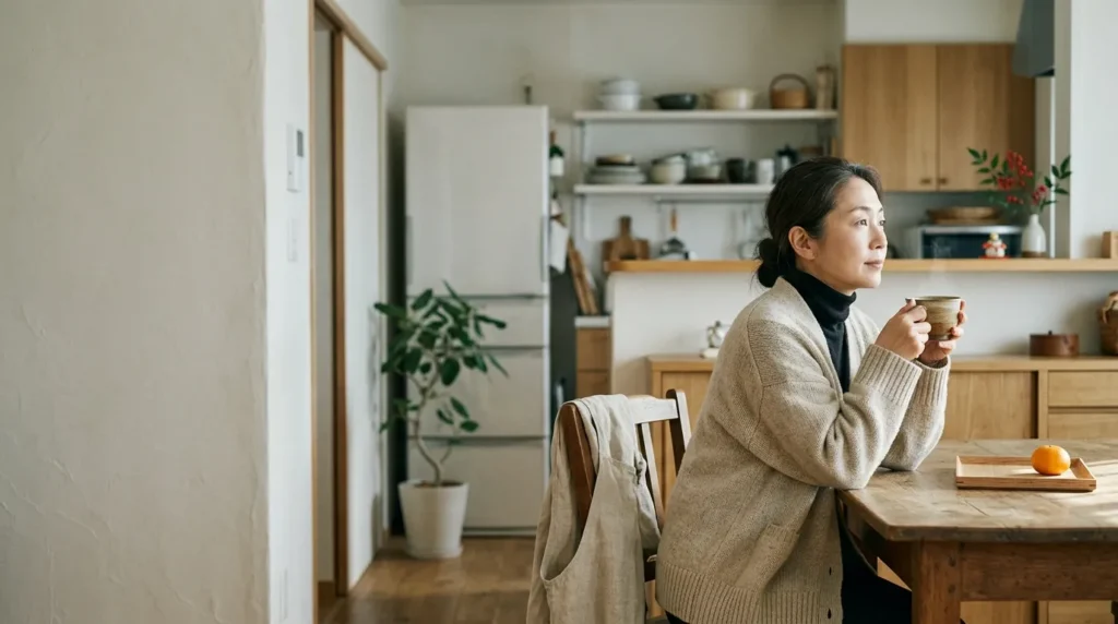 :年末の調理をひと休みして、お茶を飲む女性